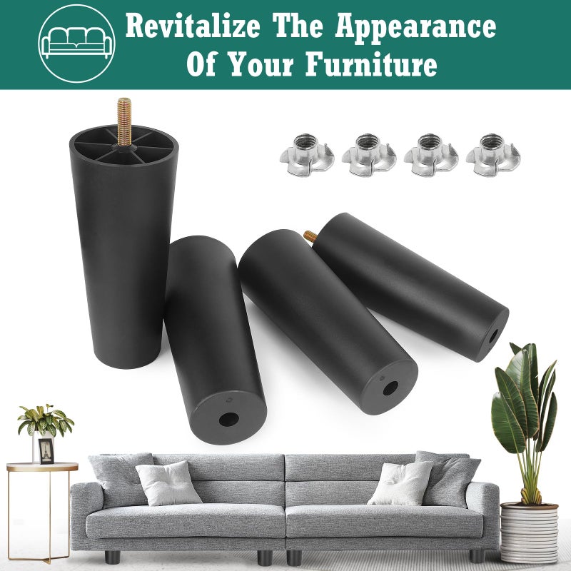 Masendelk 6 inch Plastic Furniture Legs, Round Tapered Table Legs Black Sofa Legs Replacement Legs with M8 Hanger Bolts for Couch Table Sofa, Pack of 4 - Image 2